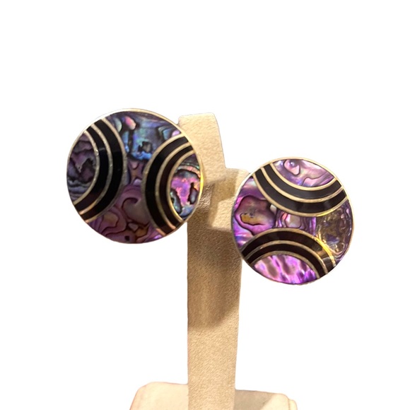 Vintage Purple Abalone inlay Alpaca round earrings pierced mexico black onyx - Picture 4 of 6